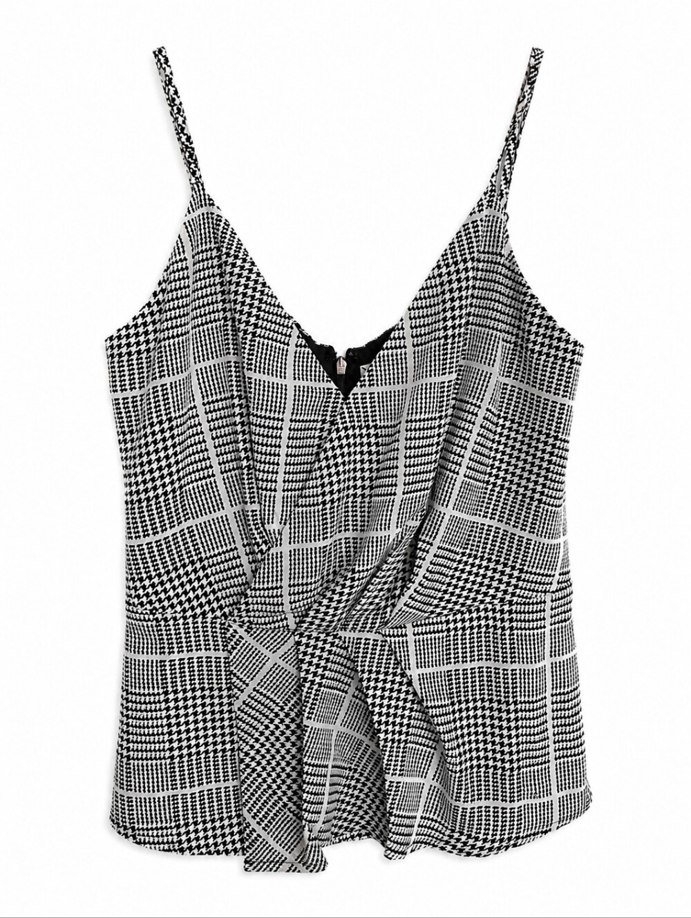 L'AGENCE Silk Houndstooth Cami Top XS Black White Plaid Draped Front Adjustable